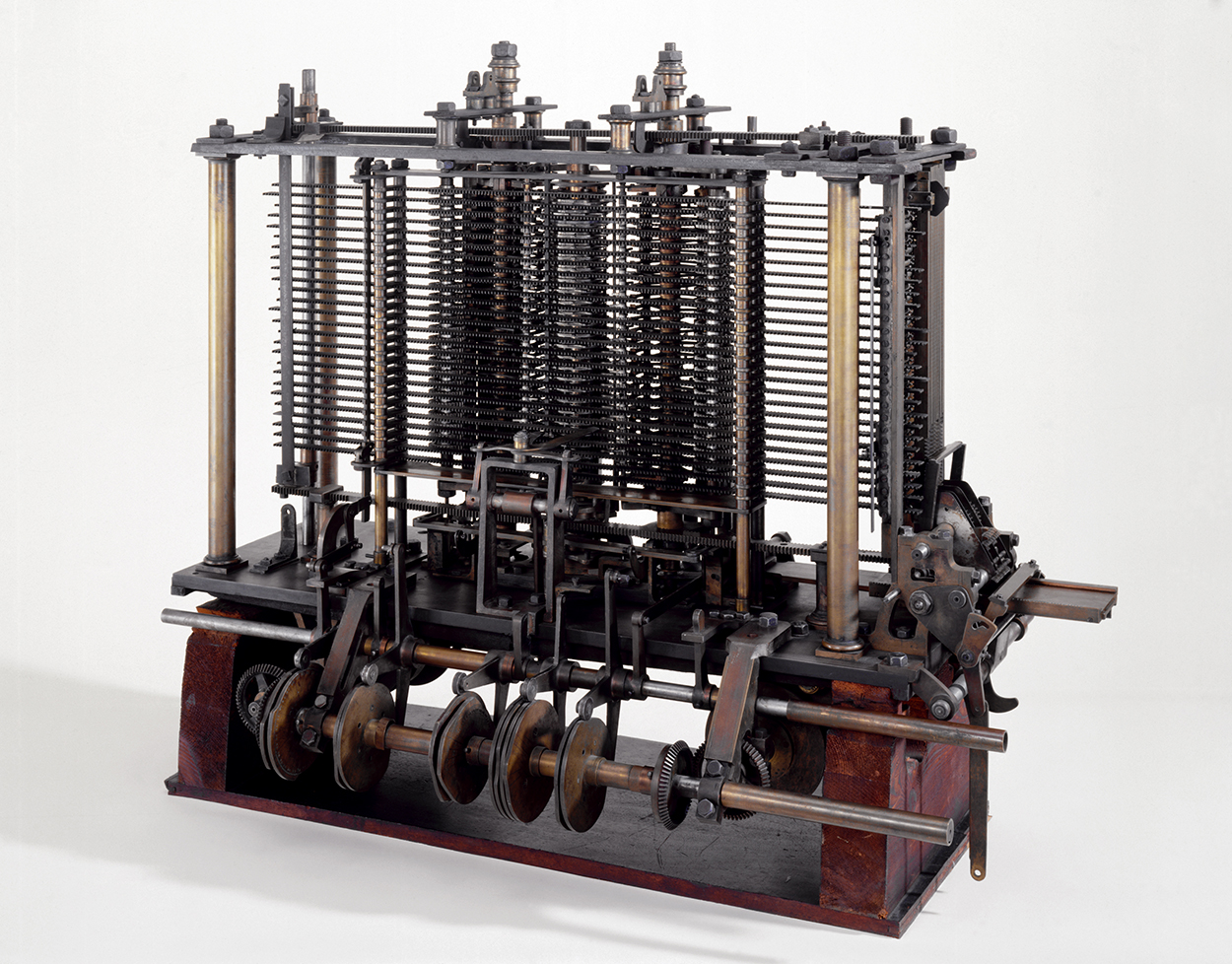 Portion of the calculating machine with a printing mechanism of the analytical engine, built by Charles Babbage, as displayed at the Science Museum